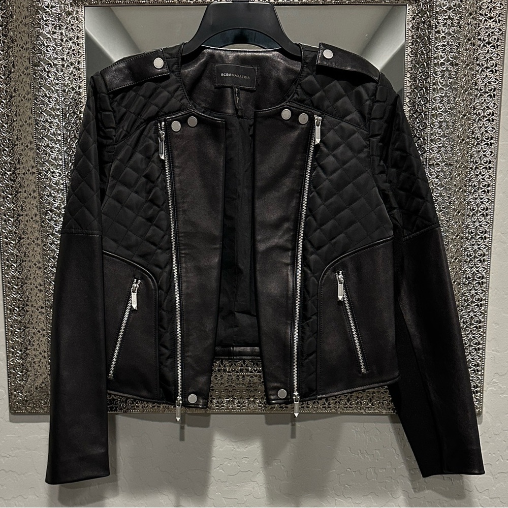 BCBGMAXAZRIA Leather Cropped Moto Jacket